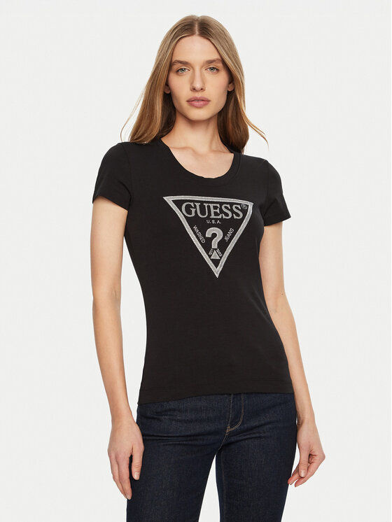 Guess Guess Тишърт SS CN SHINY TRIANGLE Черен Shirt Fit