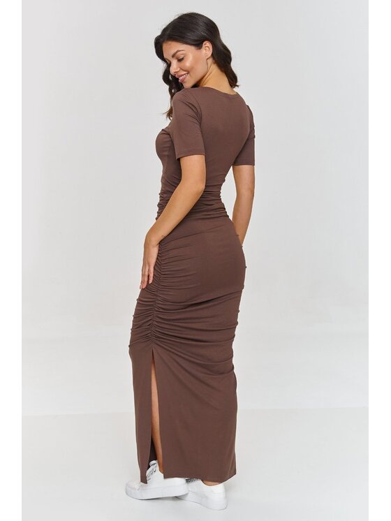 Makadamia Makadamia Sukienka codzienna M872 Brązowy Cutted Fit