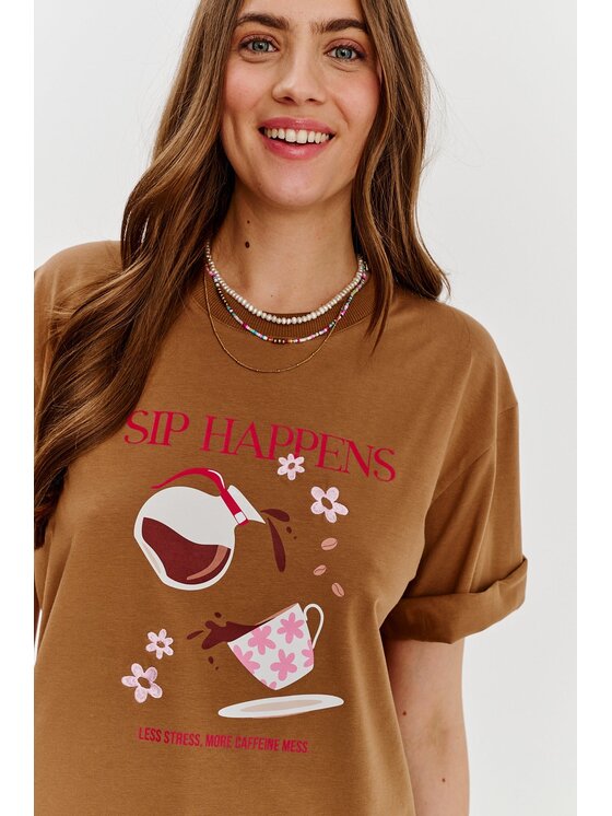 NAOKO NAOKO Tričko Sip Happens Hnedá Regular Fit