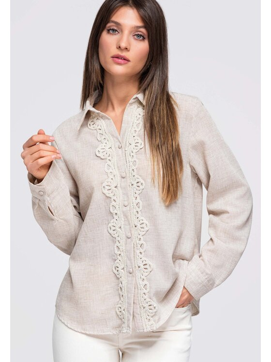Ombre Ombre Koszula OW-SH-E0055 Beżowy Loose Fit