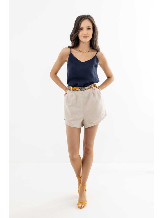 Lunedi Lunedi Top lniany z dekoltem V Granatowy Regular Fit