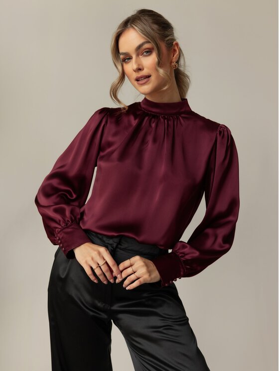 Cat&Cat Cat&Cat Bluzka jedwabna z półgolfem Bordowy Regular Fit