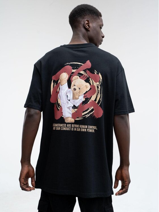 MyStars MyStars T-Shirt Koszulka Z Krótkim Rękawem Oversize Męska Czarna MyStars Kung Fu Bear XL Czarny Oversize