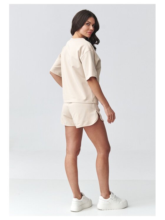 Makadamia Makadamia Komplet bluzka i szorty sportowe M918 Beżowy Loose Fit