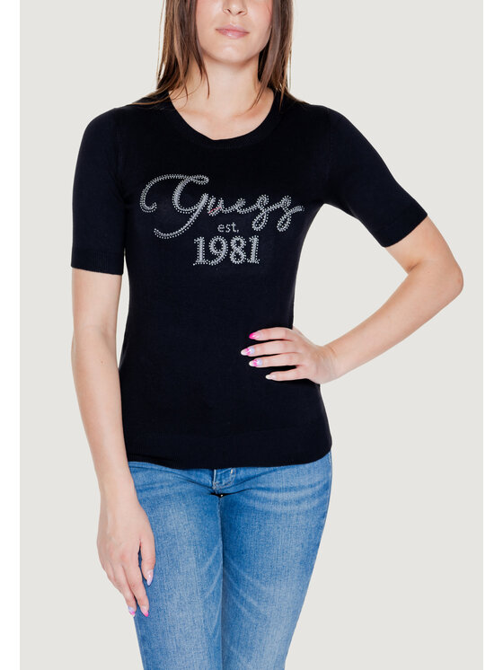 Guess Guess Sweter PALOMA LOGO RN SS Czarny Shirt Fit
