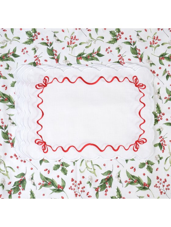 Roseberry Home Roseberry Home Podkładka na stół haftowana Red Christmas Bows Biały