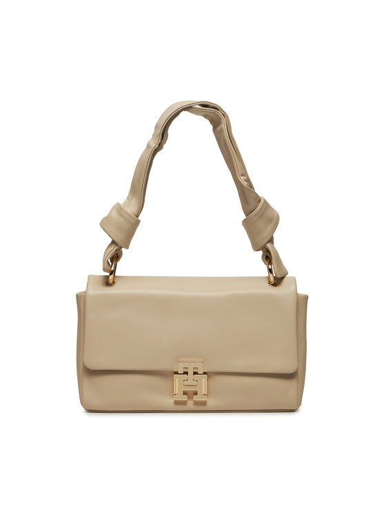 Geantă Tommy Hilfiger Pushlock Leather Shoulder Bag AW0AW15685 Bej