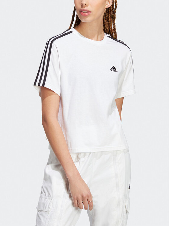 adidas adidas T-särk Essentials 3-Stripes Single Jersey Crop Top HR4915 Valge Loose Fit