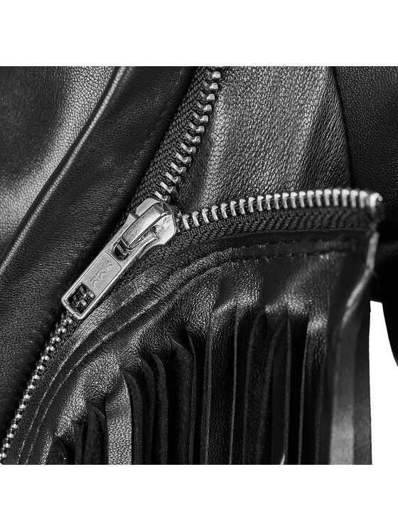 Mimika Mimika Kurtka skórzana Empire Ramoneska basic z odpinanymi frędzlami Czarny Regular Fit