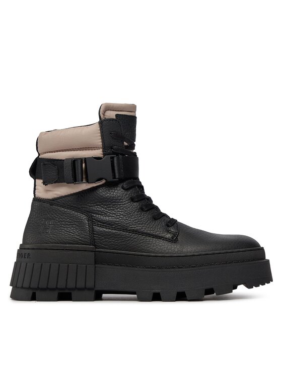 Tommy Hilfiger Pohodni čevlji Th Elevated Chunky Lth Bkle Boot FM0FM04909 Črna