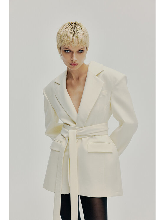 Epuzer Epuzer Marynarka Peplum belted wool Kremowy Standard Fit