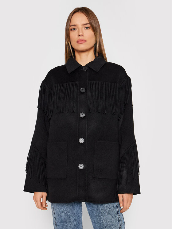 The Kooples Manteau en laine Fringed FMAN23005K Noir Regular Fit Modivo