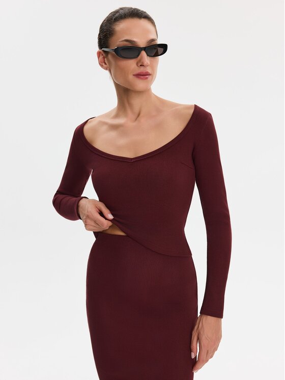 Nudyess Nudyess Spódnica midi Tremity z prążka Bordowy Slim Fit