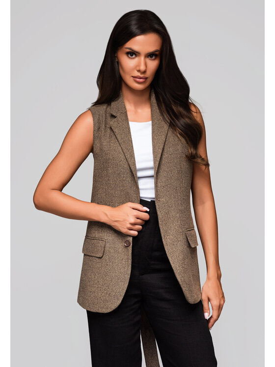 Ombre Ombre Kamizelka LW-BLZV-0102 Beżowy Regular Fit