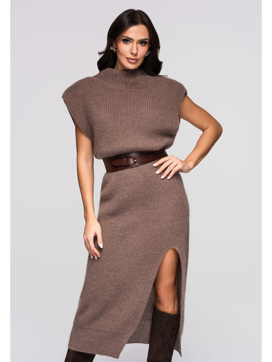 Ombre Ombre Sukienka dzianinowa LW-SWSW-0119 Brązowy Regular Fit