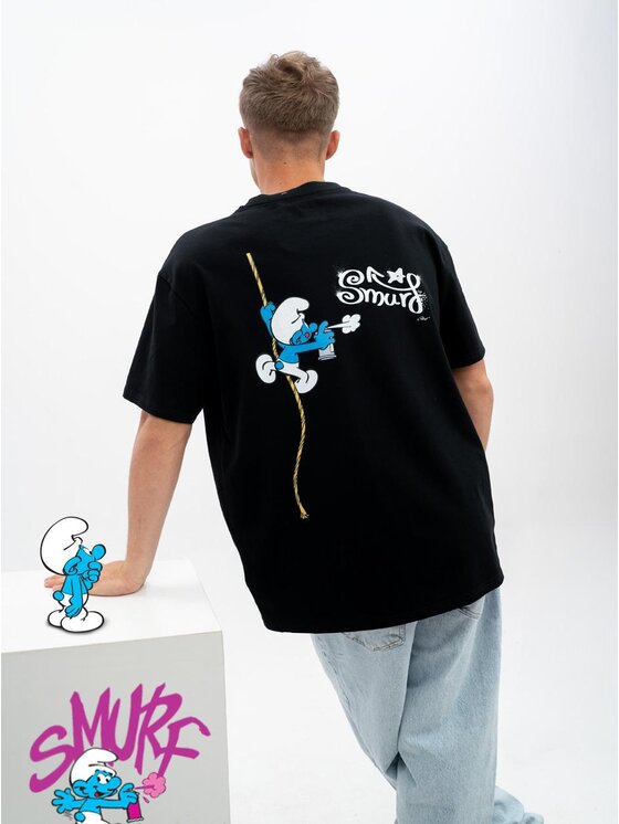 Smerfy Smerfy T-Shirt Koszulka Z Krótkim Rękawem Oversize Męska Czarna Smerfy Graffiti XL Czarny Oversize