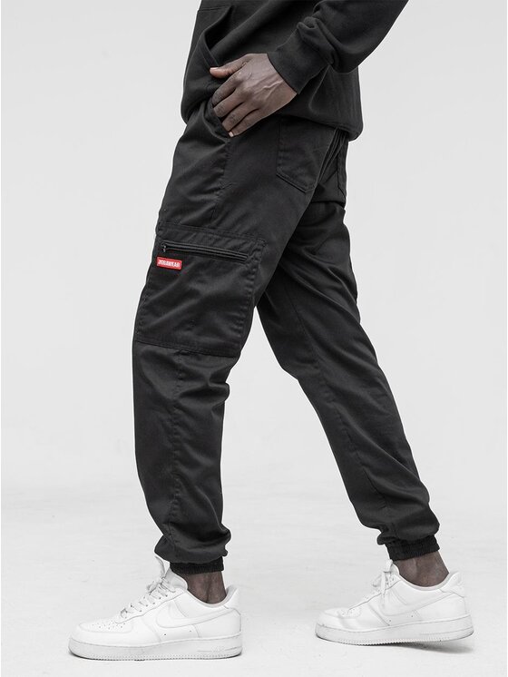 Jigga Wear Jigga Wear Spodnie materiałowe Spodnie Materiałowe Jogger Bojówki Męskie Czarne / Czerwone Jigga Wear Stripe Zip Cargo XL/2XL LONG Czarny Regular Fit
