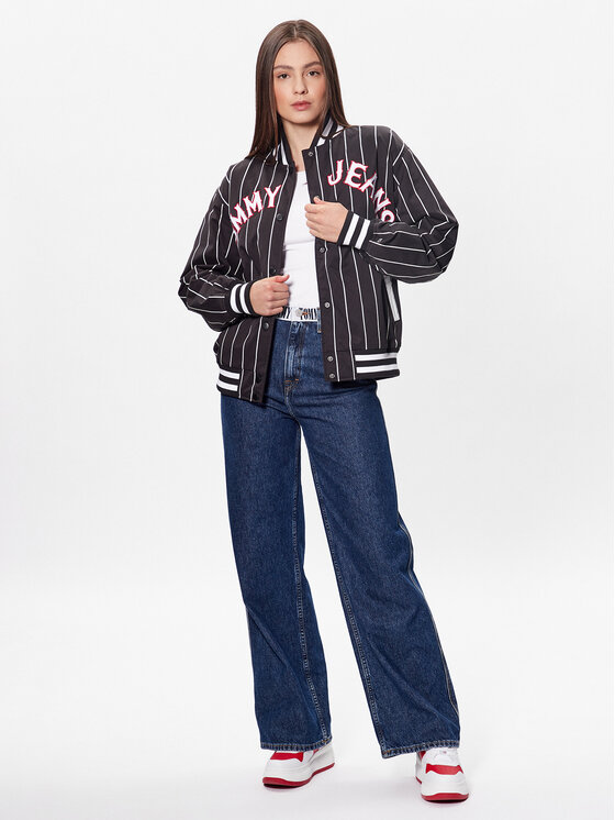 Tommy Jeans Tommy Jeans Μπόμπερ μπουφάν Pinstripe Letterman DW0DW15336 Μαύρο Relaxed Fit