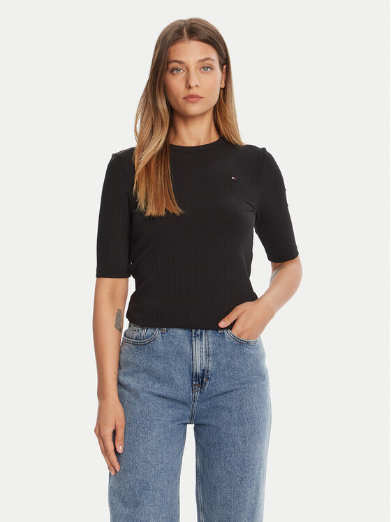 Tommy Hilfiger Tommy Hilfiger Majica WW0WW47308 Crna Slim Fit
