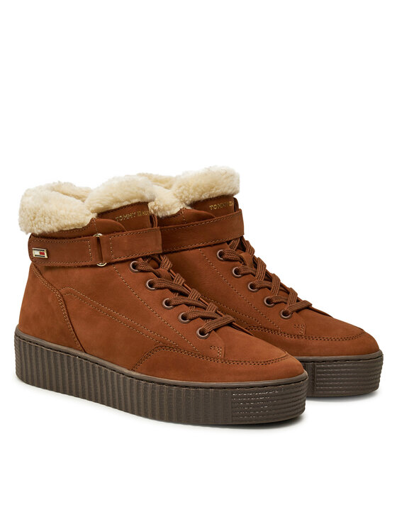 Tommy Hilfiger Tommy Hilfiger Škornji Faux Fur Nubuck Low Lace-Up FW0FW08172 Rjava