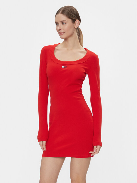 Tommy Jeans Tommy Jeans Strickkleid Tjw Badge Rib Bodycon Ls DW0DW17424 Rot Slim Fit