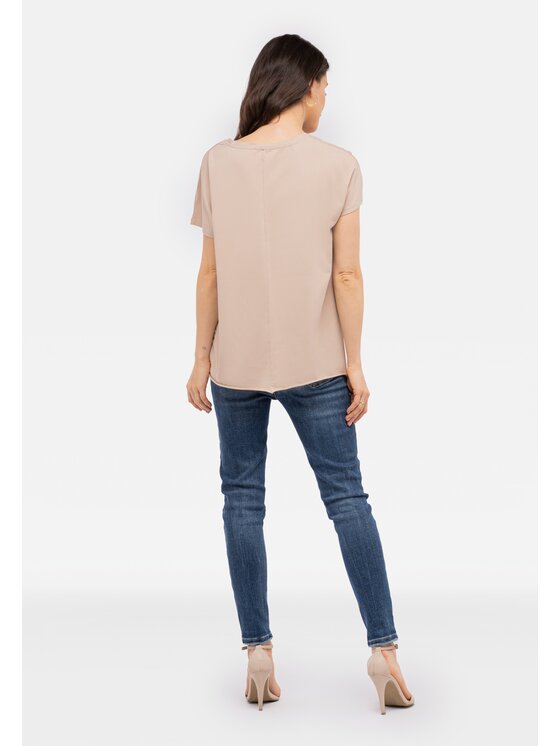 Perso Perso T-Shirt z błyszczącym nadrukiem Béžová Regular Fit