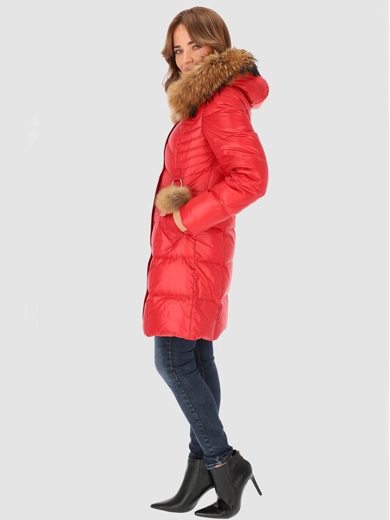 Perso Perso Kurtka puchowa z naturalnym futrem Czerwony Slim Fit