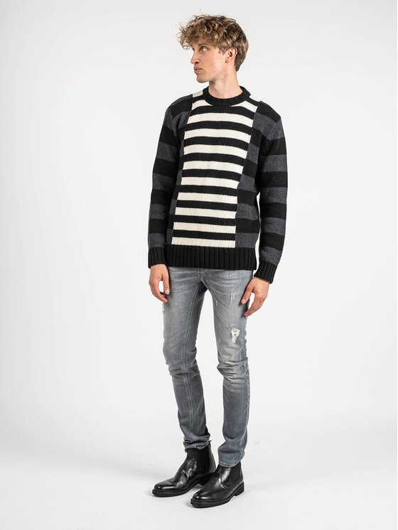 Les Hommes Les Hommes Svetr LLK113-654U | Wool Stripes Round Neck Jumper Černá Regular Fit