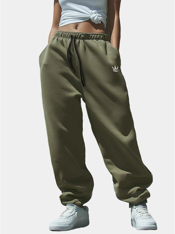 Jigga Wear Jigga Wear Spodnie dresowe Szerokie Luźne Baggy Damskie Khaki Jigga Haftowane Logo Drawcord XL Zielony Regular Fit