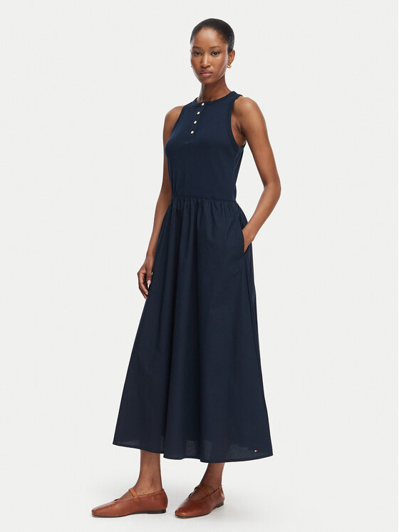 Tommy Hilfiger Tommy Hilfiger Poletna obleka Gold Btn WW0WW49628 Mornarsko modra A-Line Fit