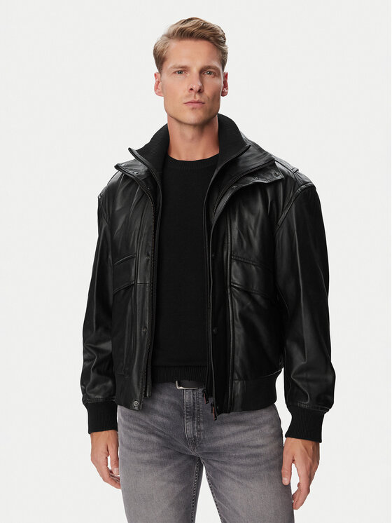 BOSS Geacă de piele 50566593 Negru Regular Fit