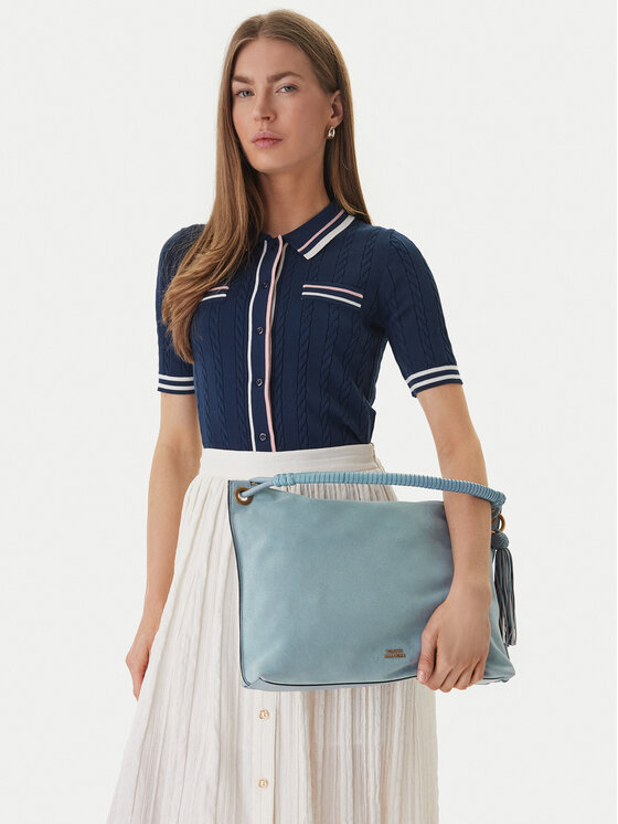 Tommy Hilfiger Geantă Th Statement Leather Bag Suede AW0AW18402 Albastru deschis