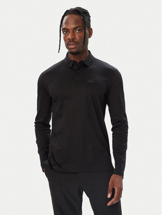 BOSS BOSS Тениска с яка и копчета Pirol 50544335 Черен Regular Fit