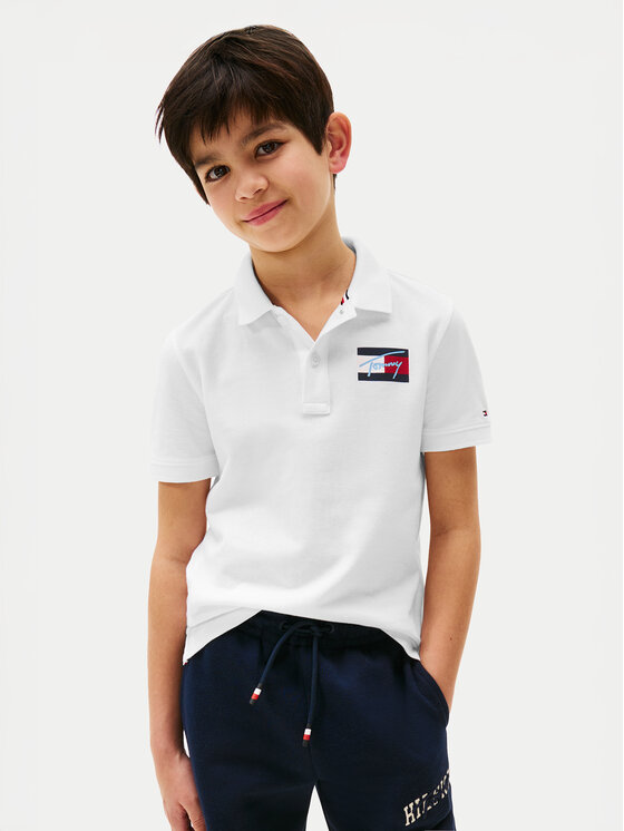 Chłopięce Polo Tommy Hilfiger, Rozmiar 7Y, Białe, Script Flag Logo KB0KB09711