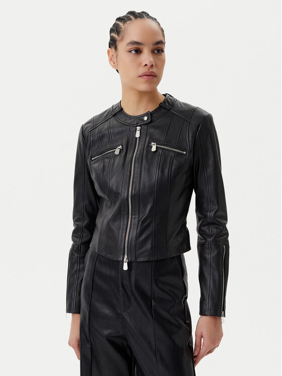 PINKO PINKO Kožená bunda Borderline Biker 104914 A2HT Černá Regular Fit