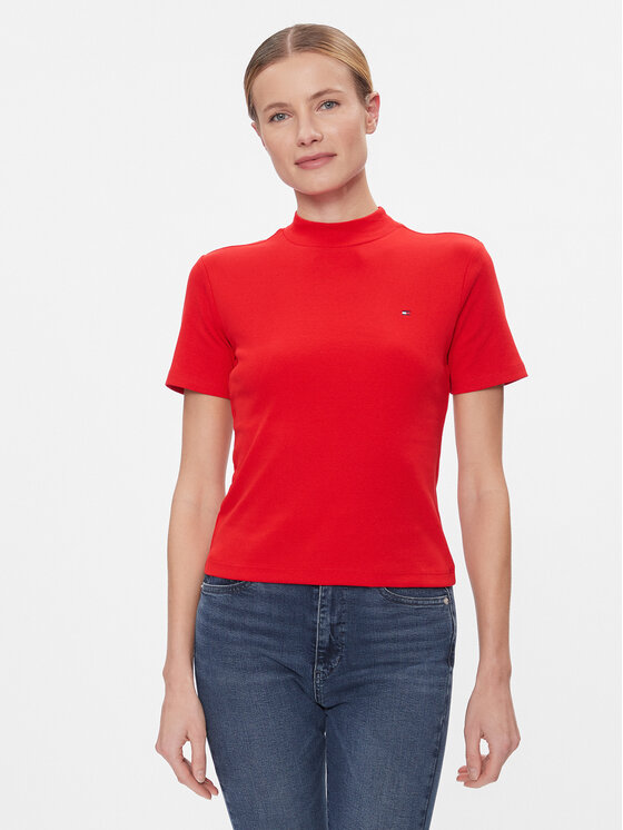 Tommy Hilfiger T Shirt New Cody Slim Crop Mock Nk WW0WW40586 Rot Slim Fit Modivo
