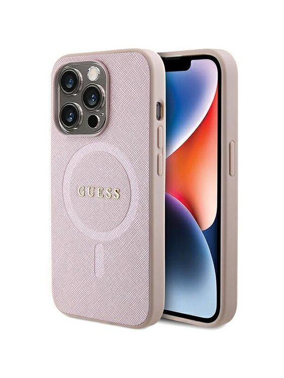 Etui na telefon Guess, Różowe, Saffiano MagSafe