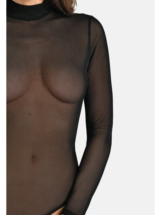 Teyli Teyli Body z transparentnej siateczki z półgolfem Amy Czarny Regular Fit