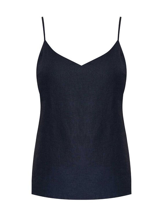 Lunedi Lunedi Top lniany z dekoltem V Granatowy Regular Fit