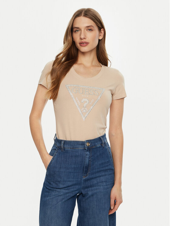 Guess Tričko W5RI11 J1314 Béžová Regular Fit