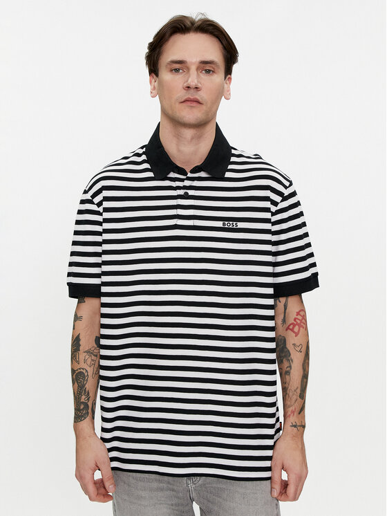 BOSS Boss Тениска с яка и копчета Palesstripe 50513604 Черен Regular Fit