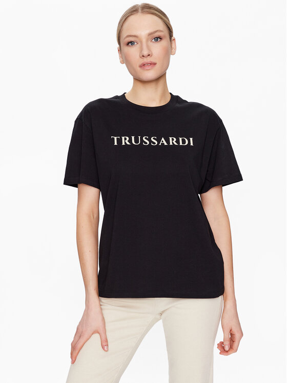 Trussardi T-shirt Lettering Print 56T00565 Crna Regular Fit