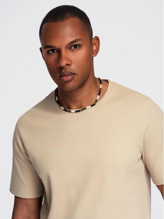 Ombre Ombre T-Shirt OM-TSCT-0197 Beżowy Regular Fit