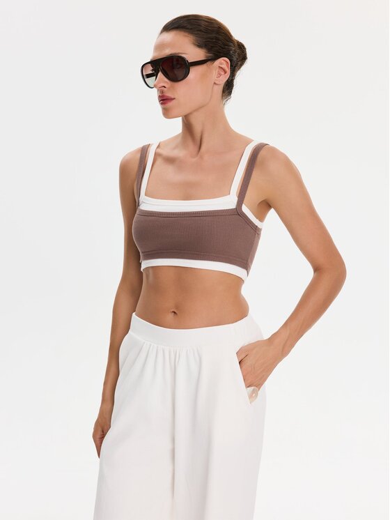 Nudyess Nudyess Top Lisa z prążka Brązowy Slim Fit
