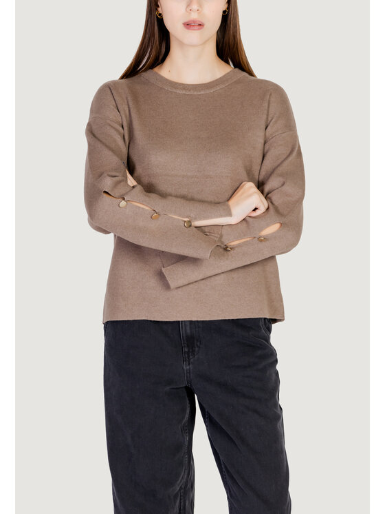 Vila Vila Maglione VICASSIE L/S BUTTON DETAIL KNIT TOP/R Marrone To Fit