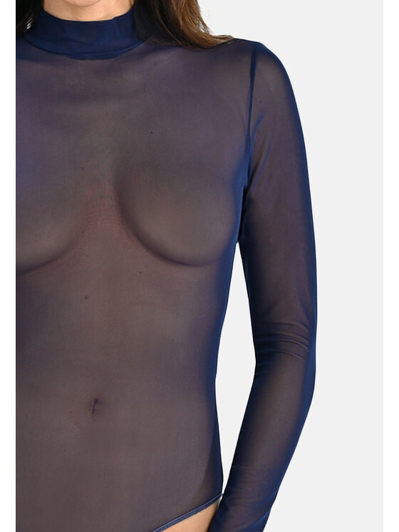 Teyli Teyli Body z transparentnej siateczki z półgolfem Amy Niebieski Regular Fit