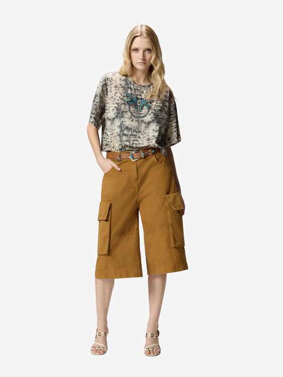 PINKO PINKO T-Shirt T-shirt cropped con stampa snake e Love Birds Beżowy Regular Fit
