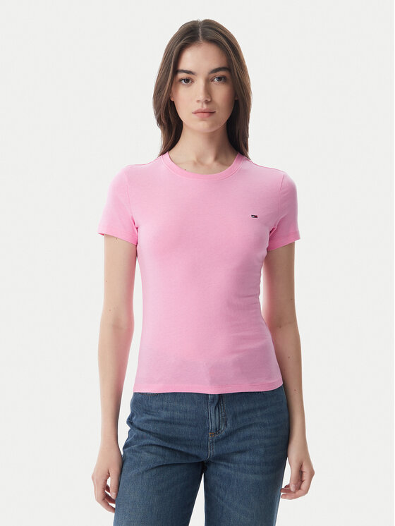 Tommy Jeans Póló DW0DW20459 Világos rózsaszín Slim Fit