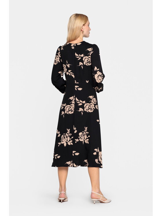 EMOI EMOI Sukienka codzienna midi w beżowe kwiaty Czarny Feminine Fit