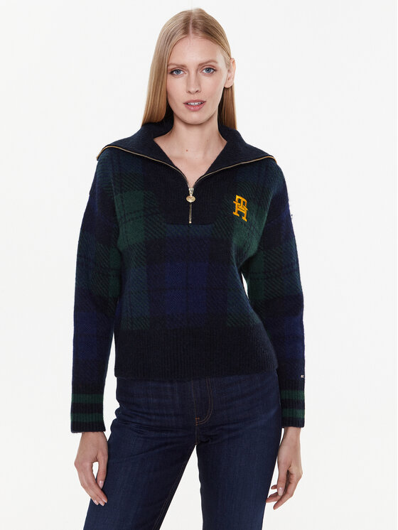 Tommy Hilfiger Džemperis Tartan WW0WW38265 Tumši zils Regular Fit